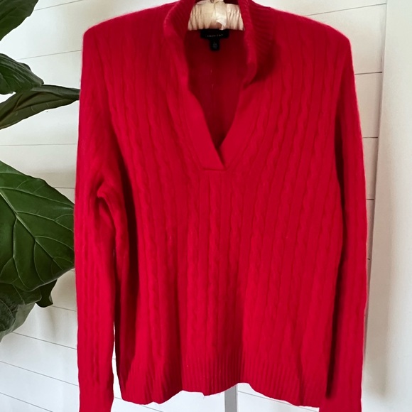Lands’ End 100% Cashmere Cable Knit Collared V-Neck Sweater XL Red - Picture 5 of 5